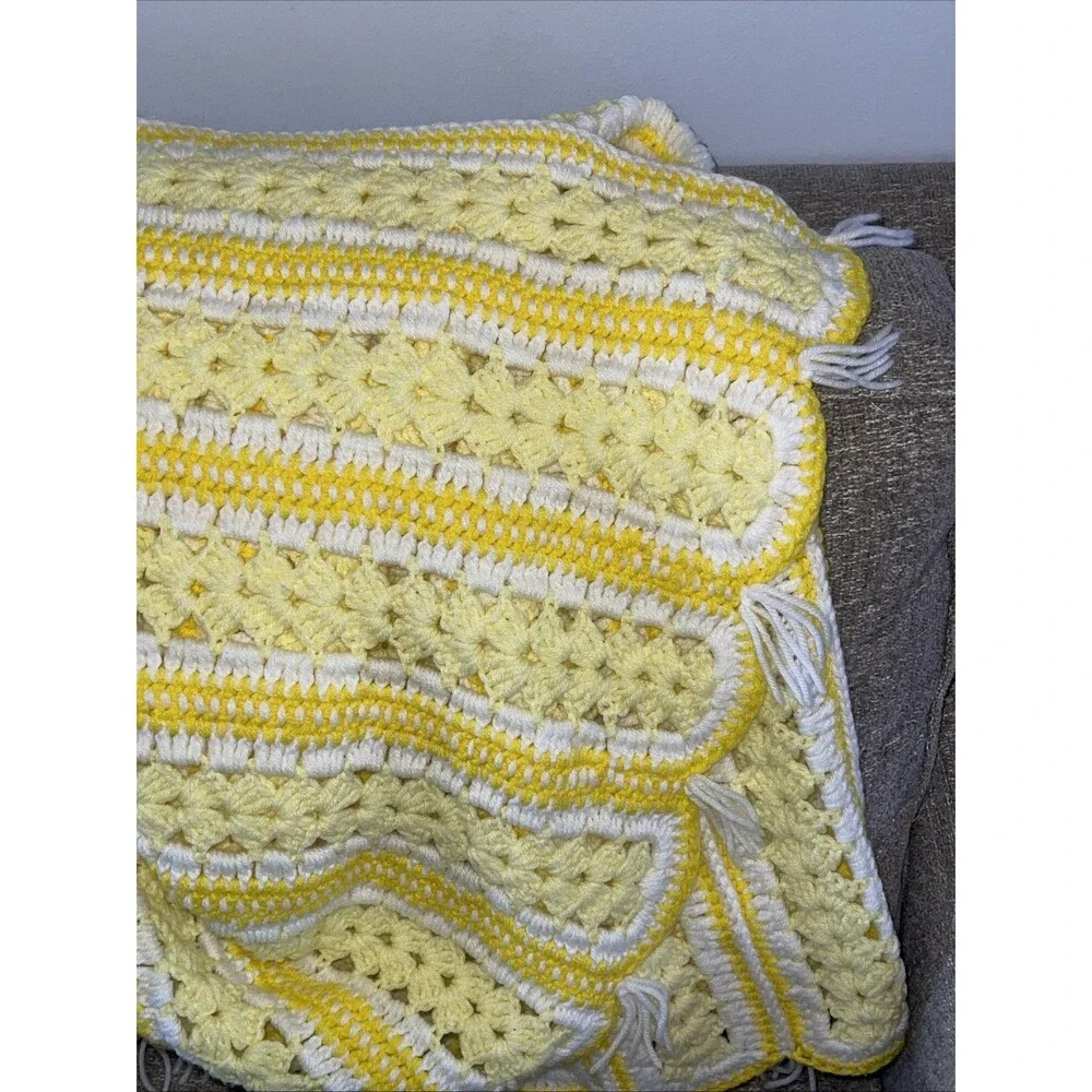 Handmade Crochet Throw Lap Blanket Colorful White Yellow 54x36